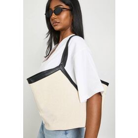 Tas Tote Linen Kontras dengan Kantong Internal - Siluet Terstruktur Luas, Tali Ganda, Finishing Mudah Dibersihkan untuk Sehari-hari