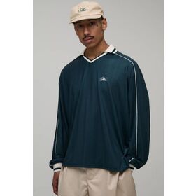 Oversized Embroidered Piped Long Sleeve Football Top-Retro Sport Style, Relaxed Silhouette, 100% Polyester S-5XL
