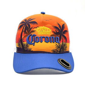 Casquette Trucker avec Décapsuleur, Casquette Trucker en Mesh avec Impression Palmier Coucher de Soleil par Sublimation, Casquette Trucker Promotionnelle Personnalisée avec Logo Brodé 3D pour Bière