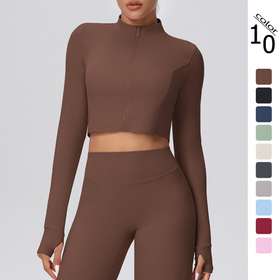 Großhandel Damen Yoga Jacke, eng anliegend, einfarbig, Reißverschluss, Langarm, für Sport und Fitnessstudio