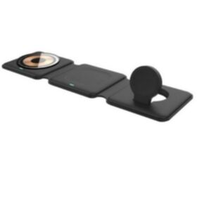 Produsen OEM, alas pengisi daya nirkabel desktop, jam tangan, earbud, ponsel, portabel, 15W, magnetik lipat, pengisi daya nirkabel 3-in-1