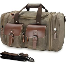 Sac Duffle en Toile, Sac Cabine Extensible de 50L avec Garniture en Cuir, Bandoulière Réglable, Sac Étanche pour Hommes et Pères