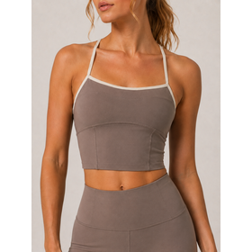 Atasan Tanktop Olahraga Wanita Color Block Back Cross Adjustable, Crop Top Workout Leher Kotak untuk Yoga Pilates
