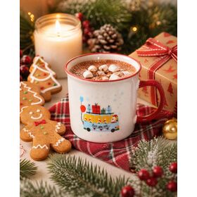 Mug Keramik Cetak Natal untuk Berkemah, Mug Kopi Keramik Kustom Liburan dengan Pelek dan Gagang Merah