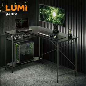 GMD19-1 Economy L-Shaped Gaming Table Black Computer Corner Desk With Storage Shelf for Home Gamer Setup Gaming Workstation