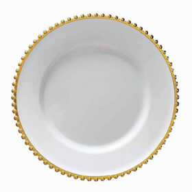 White with gold rim plastic charger plates with beaded edge set of 6, 13" elegant round disposable chargers for weddings events
