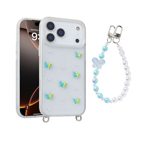Capa de Celular Estilo Eredtree Fofo e Feminino em TPU, Recorte de Câmera de Visão Ampla com Alça de Pérolas e Borboletas