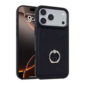 Eredtree High-end Lychee Leather Feel Phone Case Classic Black with Card Slot Silver Ring Hand Grip Shockproof Cover