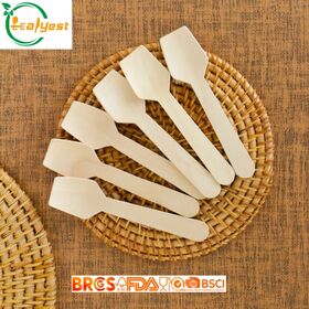Sendok Cicip Mini Kayu Birch Ujung Bulat 100mm, Sendok Sampel Kayu Sekali Pakai untuk Es Krim