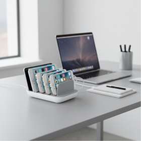 Stasiun pengisi daya desktop publik, pengisi daya cepat listrik portabel untuk ponsel, stasiun pengisian daya multi-USB 5 port untuk hotel