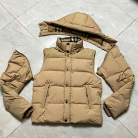 Herren 3-in-1 Daunenjacke Khaki mit abnehmbarer Kapuze und Ärmeln, gesteppte Steppweste, karierter Wintermantel