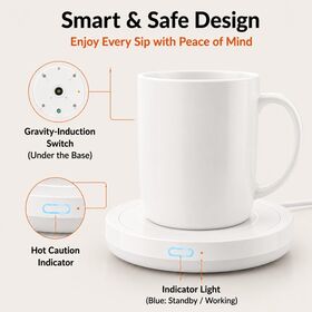 Intelligente Kaffeetasse mit automatischer Ein-/Ausschaltfunktion für den Bürotisch, Kerzenwachswärmer mit Heizplatte (bis zu 55°C/131°F) - Kaffeetassenwärmer für Zuhause, Weiß