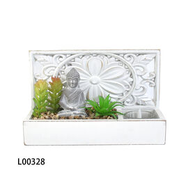 Buda Estátua Decoração Com suculentas artificiais E Tealight Titular Branco Afligido Esculpido Madeira Zen Tabletop Decor Para Casa Medita