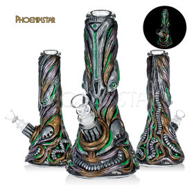Phoenix Star 12 Inches 7mm Thickness 3D Hand-Painted Alien Biomechanical Glass Smoking Water Pipe Glow in the Dark with 14mm Bowl
