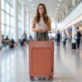 Orange front opening carry-on luggage, lightweight hard shell. Front pocket allows quick access to laptop,Silent spinner wheels