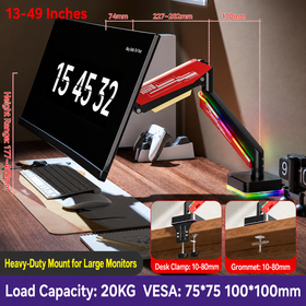 Großhandel für einzelne Monitorarme von 13-49 Zoll mit LED-Lichtleiste, hält 20 lbs, passend für Büro, Gaming, Live-Streaming Modell E9B-L