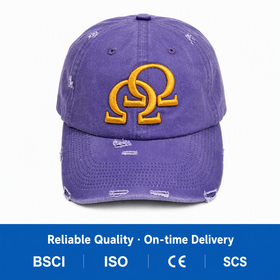 Purple Washed Cotton Baseball Cap with Distressed Embroidery for Vintage Streetwear and Everyday Casual Looks