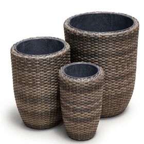 Set Of 3 Tall Round Wicker Planters Outdoor Indoor Rattan Flower Pots Decorative Garden Patio Plant Containers Vietnam