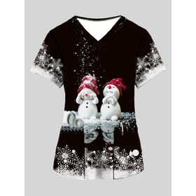 Wholesale Black Snowman Christmas Printed V Neck Short Sleeve Scrub Top for Medical Nurse Uniform