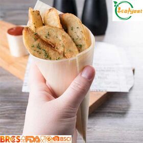 Leafyest FSC FDA BSCI Disposable Birch Wooden Cone, Compostable Food Serving Cone for Fries, Tapas, Appetizer, Catering & Buffet