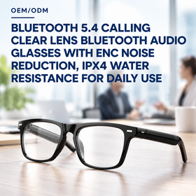 OEM/ODM Bluetooth 5.4 appelant des lunettes audio Bluetooth à lentille claire avec réduction du bruit ENC, résistance à l'eau IPX4 pour une utilisation quotidienne